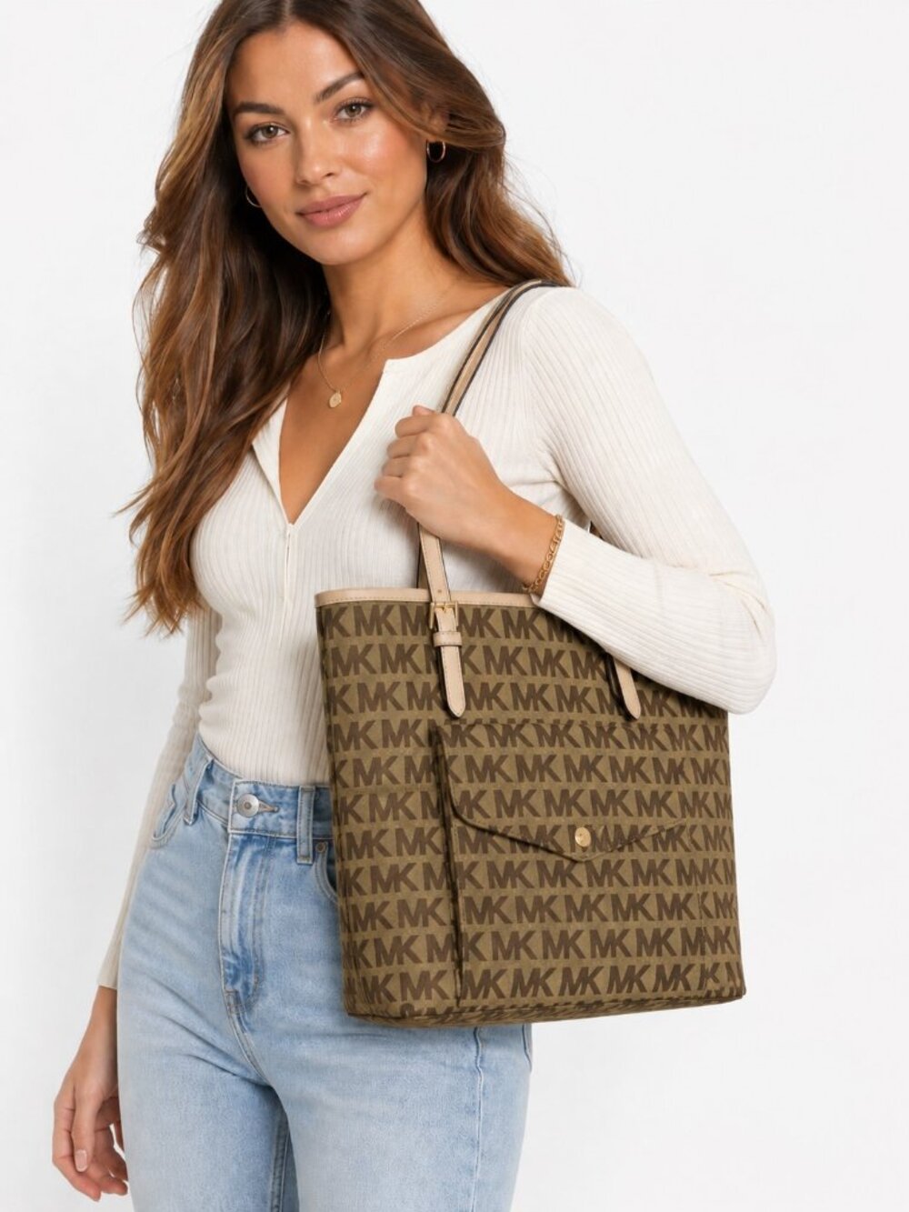 Michael Kors Jet set Signature Pocket MF Tote Brown Khaki Jacquard Leather